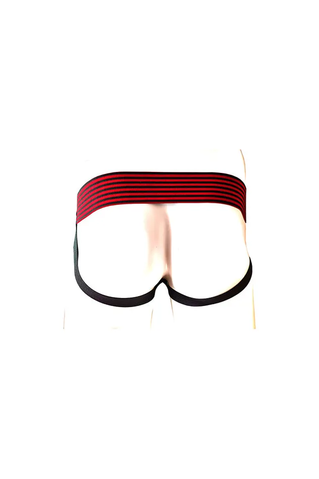 Rouge Garments Restraints Rouge Garments Leather Jock with Striped Bands RedBlack Assorted Sizes