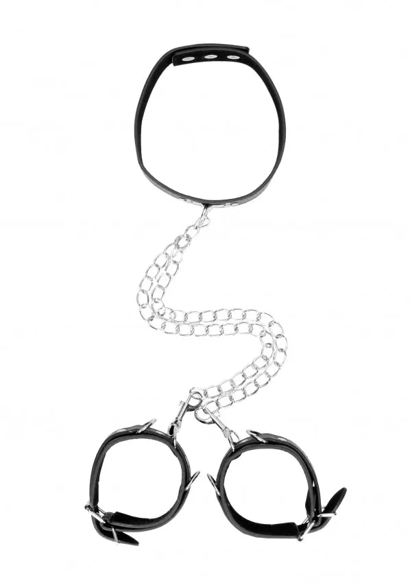 Restraints ouch Ouch Black White Bonded Leather Collar with Wrist Cuffs Restraints ouch Ouch Black White Bonded Leather Collar with Wrist Cuffs