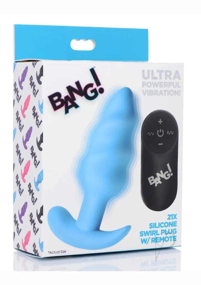 Bang Female Sex Toys Bang 21x Vibrating Silicone Rechargeable Swirl Butt Plug with Remote Control Blue Bang Female Sex Toys Bang 21x Vibrating Silicone Rechargeable Swirl Butt Plug with Remote Control Blue