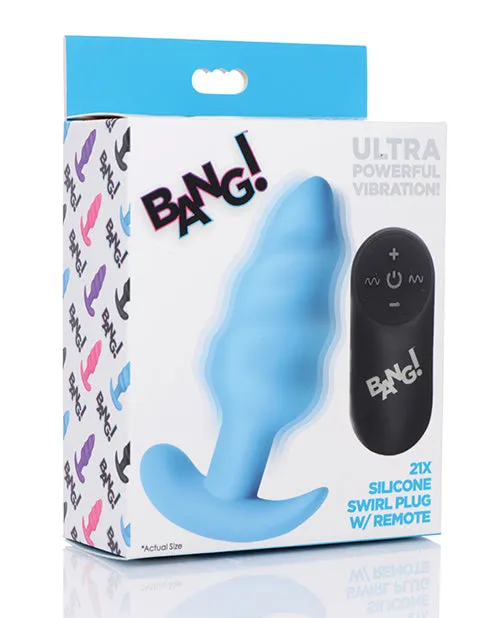 Bang Female Sex Toys Bang 21x Vibrating Silicone Rechargeable Swirl Butt Plug with Remote Control Blue