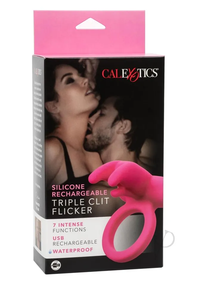 CalExotics Silicone Rechargeable Triple Clit Flicker Cock Ring Pink Couples Enhancers Male Sex Toys CalExotics Silicone Rechargeable Triple Clit Flicker Cock Ring Pink Couples Enhancers Male Sex Toys