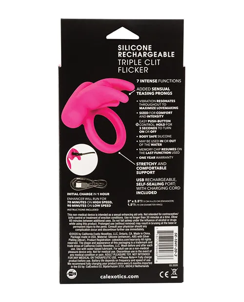 CalExotics Silicone Rechargeable Triple Clit Flicker Cock Ring Pink Couples Enhancers Male Sex Toys CalExotics Silicone Rechargeable Triple Clit Flicker Cock Ring Pink Couples Enhancers Male Sex Toys
