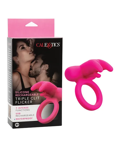 CalExotics Silicone Rechargeable Triple Clit Flicker Cock Ring Pink Couples Enhancers Male Sex Toys CalExotics Silicone Rechargeable Triple Clit Flicker Cock Ring Pink Couples Enhancers Male Sex Toys