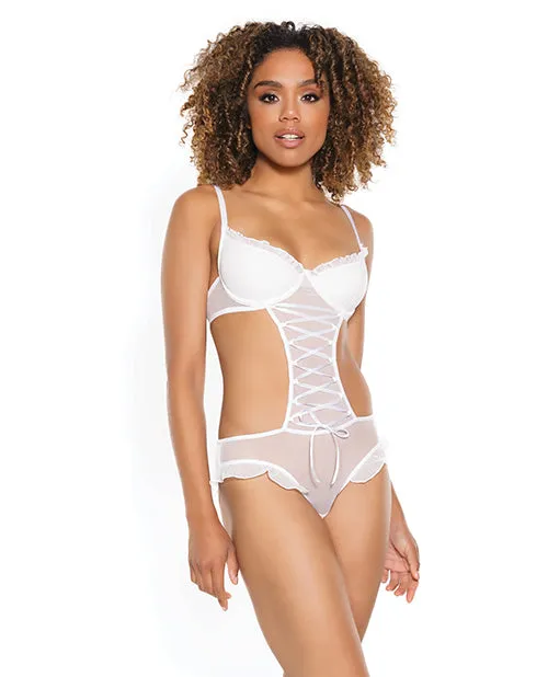 Coquette Vibrators Stretch Mesh Ruffled Crotchless Teddy White MD Coquette Vibrators Stretch Mesh Ruffled Crotchless Teddy White MD