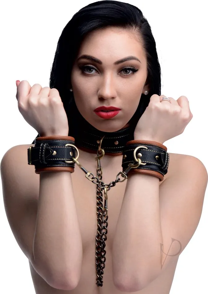 Couples Master Series Master Series Coax Collar to Wrist Restraints Brown