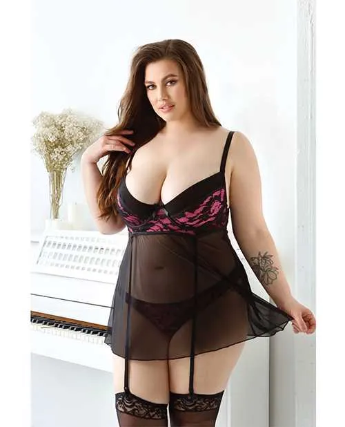 Curve By Fantasy Lingerie Vibrators Curve Madison Soft Cup Babydoll wGarters Panty BlackPink 1X2X Curve By Fantasy Lingerie Vibrators Curve Madison Soft Cup Babydoll wGarters Panty BlackPink 1X2X