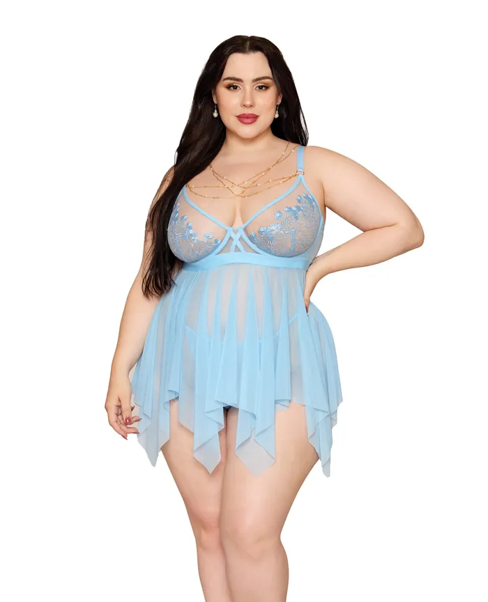 Dreamgirl Anal Floral Embroidered Lace and Stretch Mesh Babydoll wGString 2 pc Set Arctic Blue 1X Dreamgirl Anal Floral Embroidered Lace and Stretch Mesh Babydoll wGString 2 pc Set Arctic Blue 1X