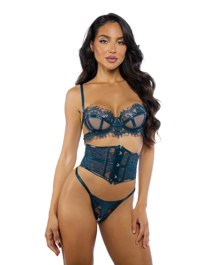 Eden Scalloped Eyelash Lace Wet Look Waspie 3 pc Set Teal LG Roma Confidential Anal Eden Scalloped Eyelash Lace Wet Look Waspie 3 pc Set Teal LG Roma Confidential Anal