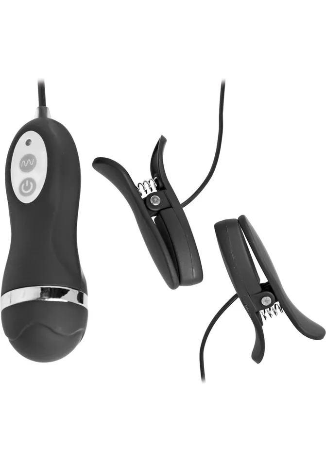 Frisky Female Sex Toys Frisky Power Pinchers 10 Mode Vibrating Nipple Clamps with Wired Remote Control Black