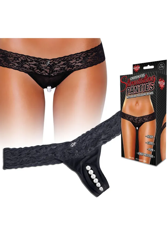 Hustler Toys Anal Hustler Toys Crotchless Stimulating Panties Thong with Pearl Pleasure Beads Black MediumLarge