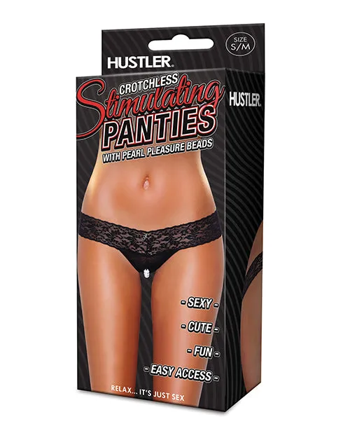 Hustler Toys Anal Hustler Toys Crotchless Stimulating Panties Thong with Pearl Pleasure Beads Black MediumLarge