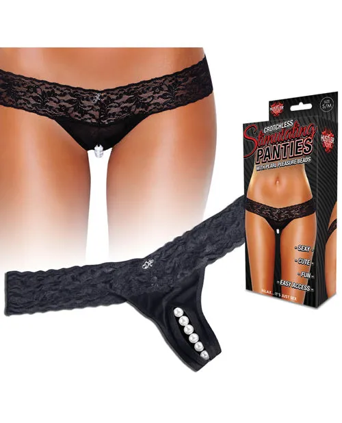 Hustler Toys Anal Hustler Toys Crotchless Stimulating Panties Thong with Pearl Pleasure Beads Black MediumLarge