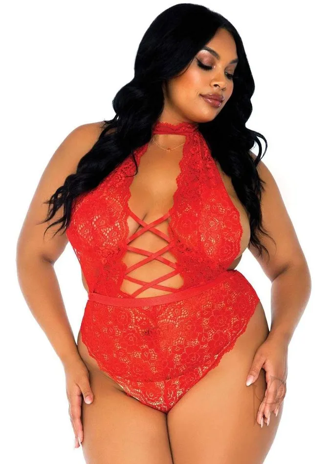 Leg Avenue Female Sex Toys Leg Avenue High Neck Floral Lace Backless Teddy with Lace Up Accents and Crotchless Thong Panty 1X2X Red Leg Avenue Female Sex Toys Leg Avenue High Neck Floral Lace Backless Teddy with Lace Up Accents and Crotchless Thong Panty 1X2X Red