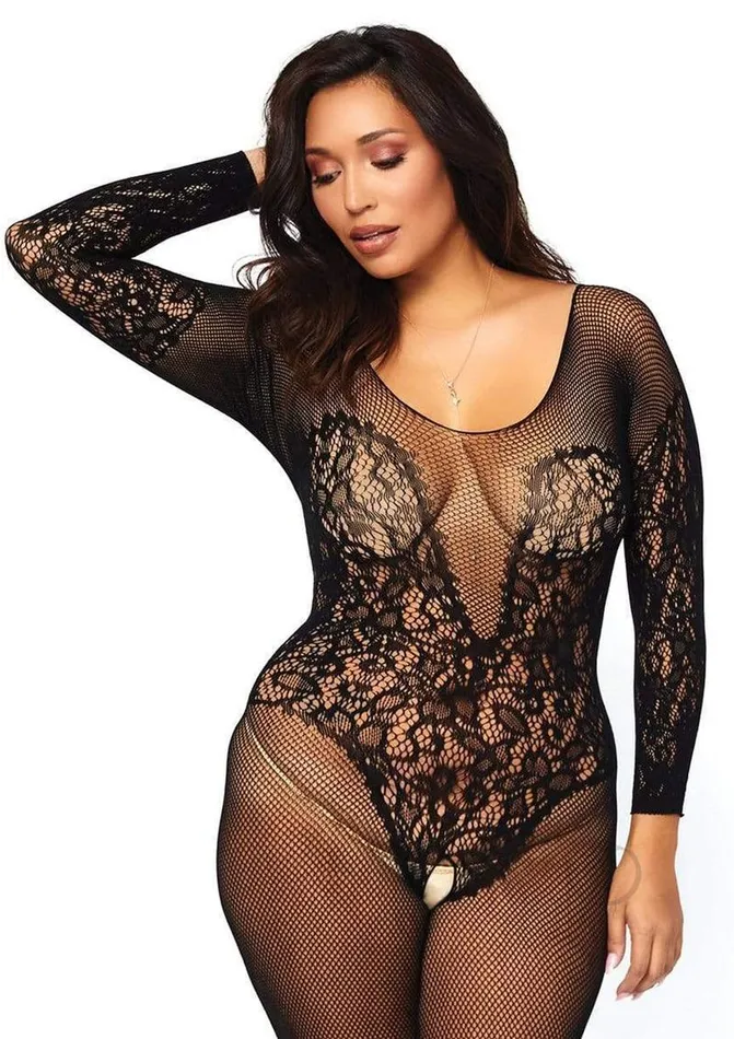 Leg Avenue Plus Size Leg Avenue Vine Lace And Net Long Sleeved Bodystocking Plus Size Black Leg Avenue Plus Size Leg Avenue Vine Lace And Net Long Sleeved Bodystocking Plus Size Black