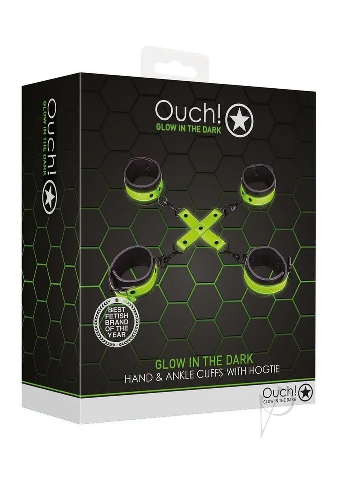 Ouch Ouch Hand and Ankle Cuffs with Hogtie Glow in the Dark Green Female Sex Toys Ouch Ouch Hand and Ankle Cuffs with Hogtie Glow in the Dark Green Female Sex Toys