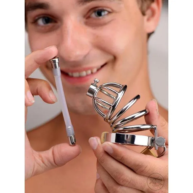 Stainless Steel Chastity Cage with Urethral Insert Master Series Male Sex Toys