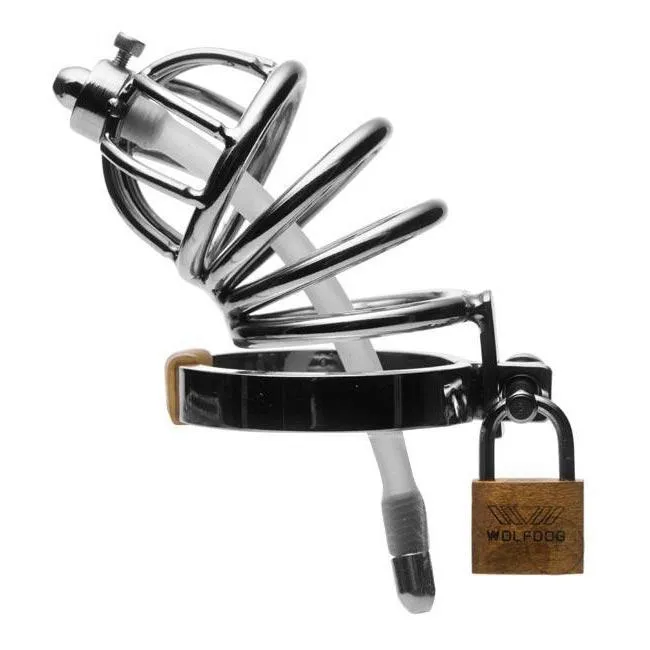 Stainless Steel Chastity Cage with Urethral Insert Master Series Male Sex Toys