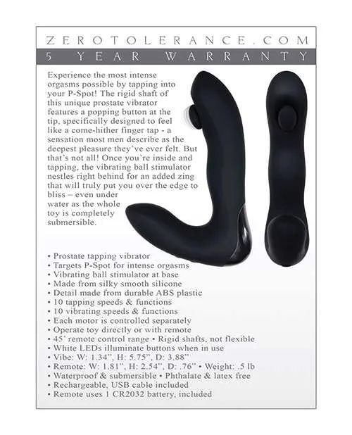 Zero Tolerance Tap It Silicone Rechargeable Prostate Massager with Remote Control Black Zero Tolerance Anal