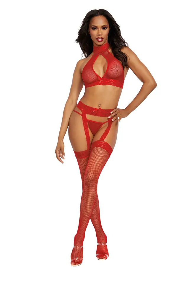 Bralette Garterhose and GString One Size Rouge Dreamgirl Teddies And Bodies