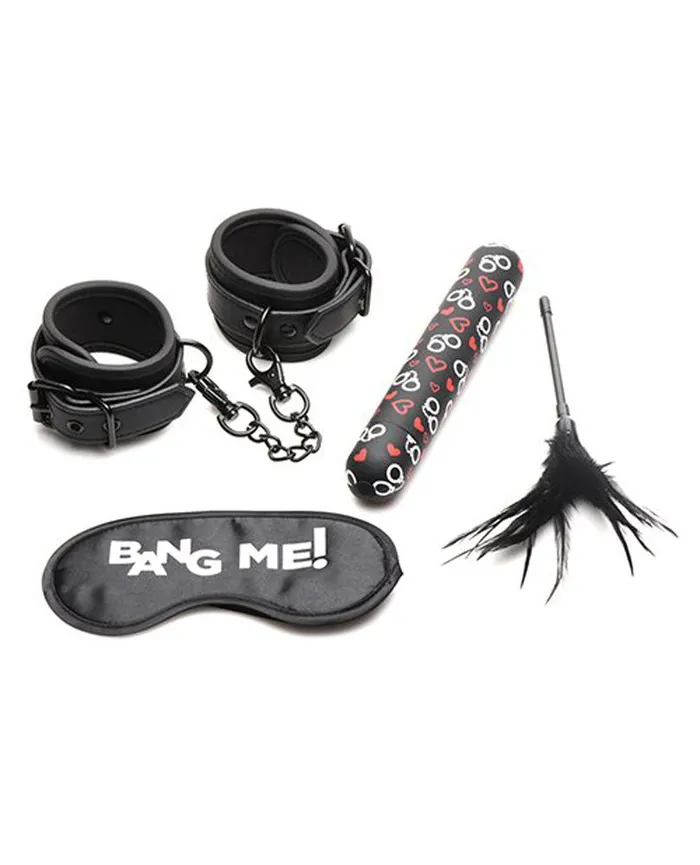 Couples Bang Bondage Kit XL Bullet Cuffs Tickler and Blindfold Black XR Brands Bang Couples Bang Bondage Kit XL Bullet Cuffs Tickler and Blindfold Black XR Brands Bang