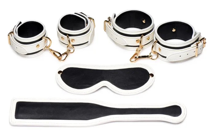 Dildos XR Brands Master Series Kink in the Dark Glowing Cuffs Blindfold and Paddle Bondage Set