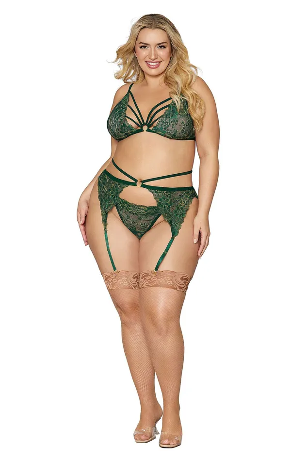 Dreamgirl Male Sex Toys Bralette With Garter Belt and GString Queen Size Evergreen