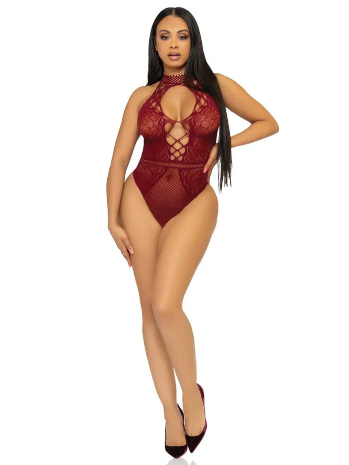 Leg Avenue Net and Lace Keyhole Halter Bodysuit One Size Burgundy Teddies And Bodies