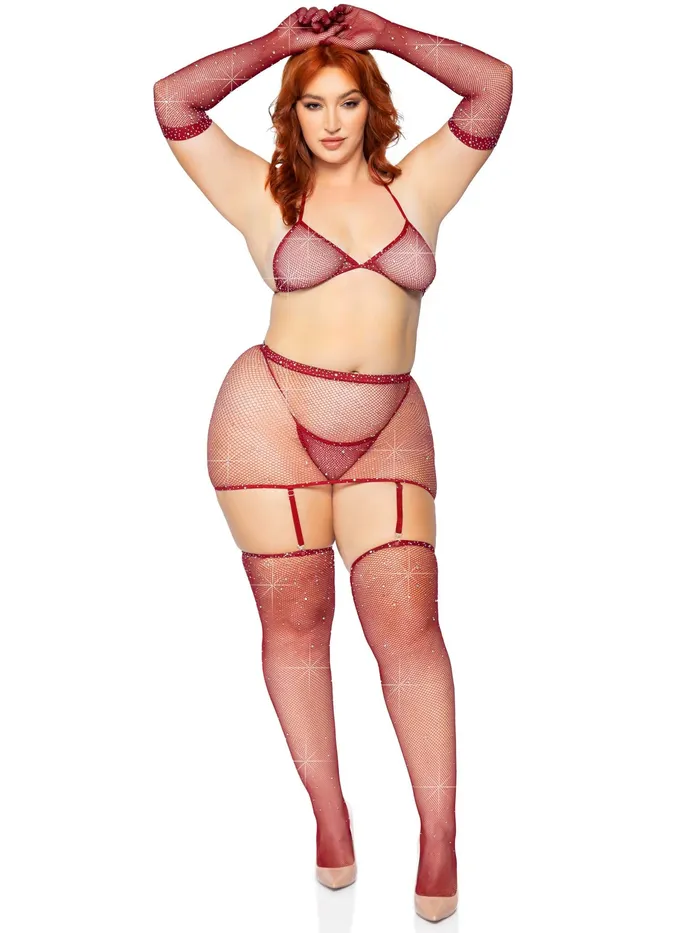 Leg Avenue Vibrators 5 Pc Rhinestone Bikini Top GString Garter Skirt Gloves and Stockings Queen Size Burgundy