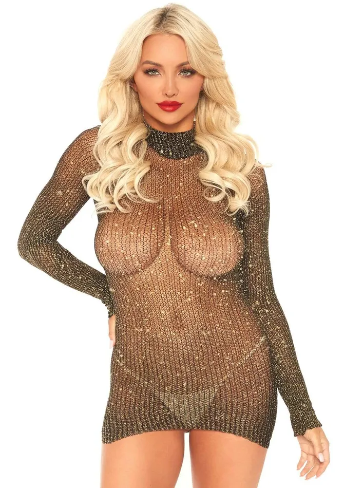 Lurex Long Sleeved High Neck Fishnet Dress One Size Black Gold Leg Avenue Anal Lurex Long Sleeved High Neck Fishnet Dress One Size Black Gold Leg Avenue Anal
