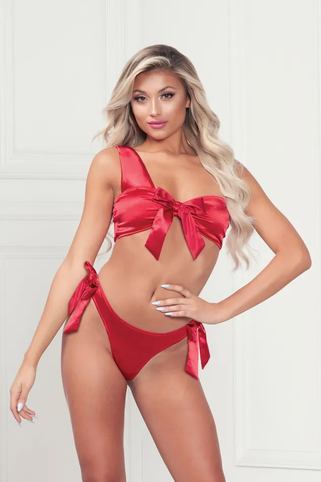 Teddies And Bodies Seven Til Midnight Two Piece Bra Set Satin Bra With Assymetrical Shoulder Strap Satin Ribbon Bows and Thong One Size Red