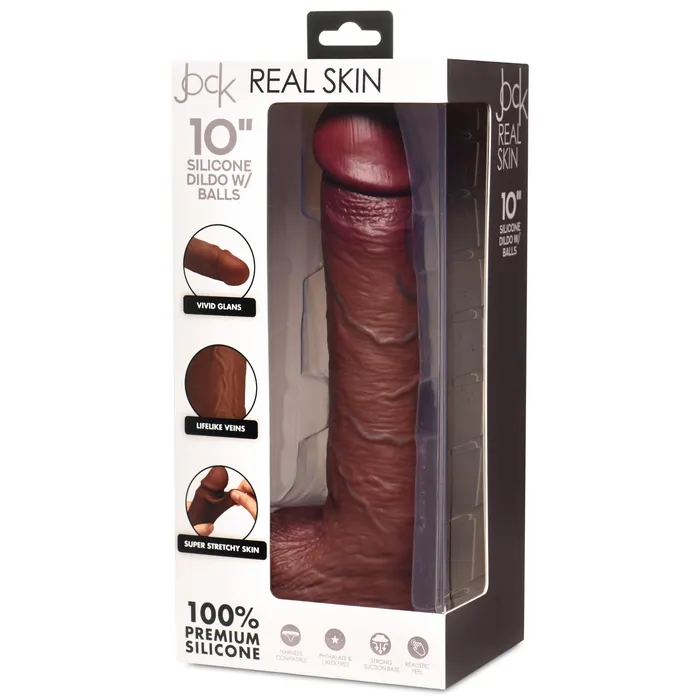 Curve Toys Dildos 10 Inch Real Skin Silicone Dildo with Balls Dark