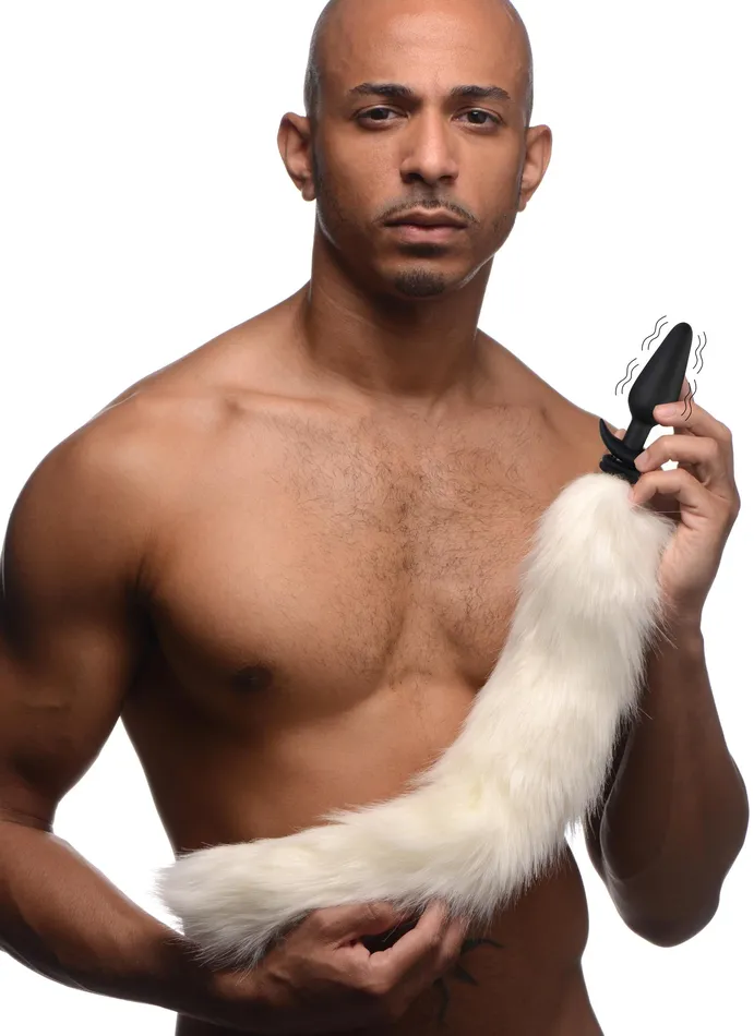 Large Vibrating Anal Plug with Interchangeable Fox Tail White XR Brands Male Sex Toys