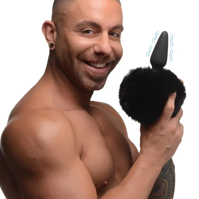 Male Sex Toys XR Brands Large Vibrating Anal Plug with Interchangeable Bunny Tail Black