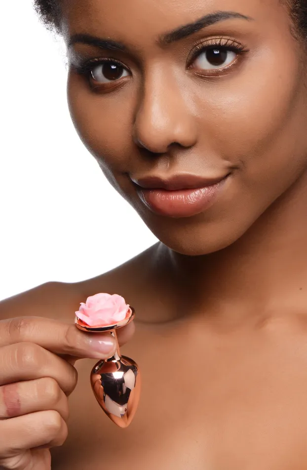 Rose Gold Anal Plug with Pink Flower Small XR Brands Male Sex Toys