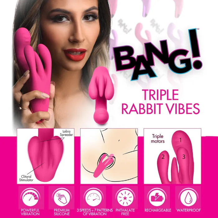 Vibrators XR Brands 10X Triple Rabbit Silicone Vibrator Pink