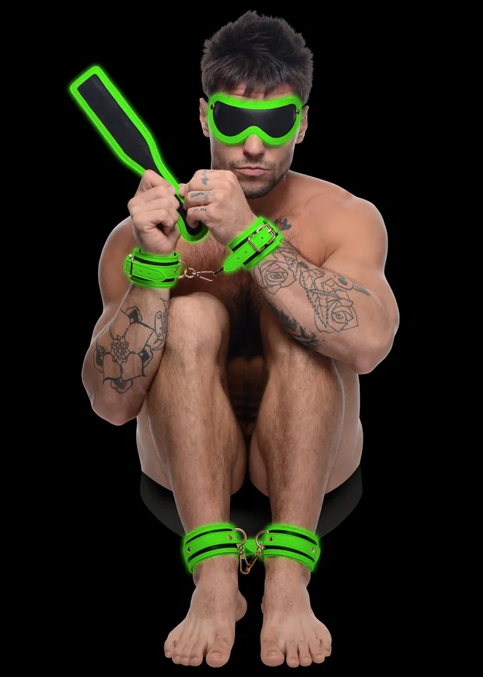 XR Brands Dildos Kink in the Dark Glowing Cuffs Blindfold and Paddle Bondage Set