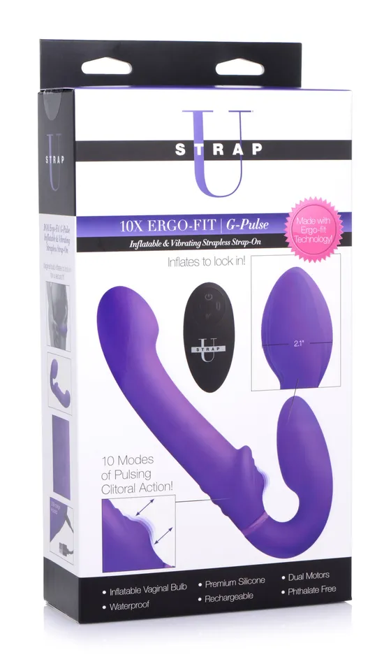 XR Brands Female Sex Toys 10X Remote Control ErgoFit GPulse Inflatable and Vibrating Strapless Strapon Purple
