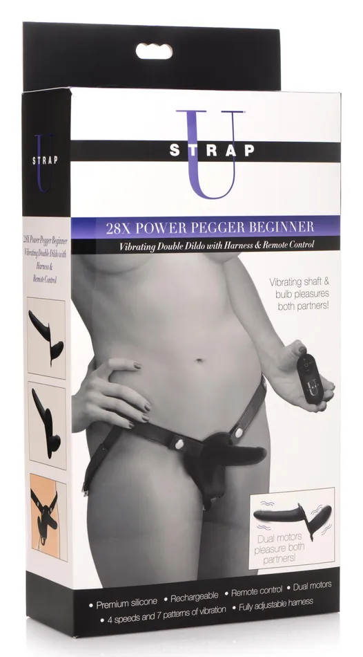 XR Brands Female Sex Toys 28X Power Pegger Beginner Vibrating Double Dildo with Harness and Remote