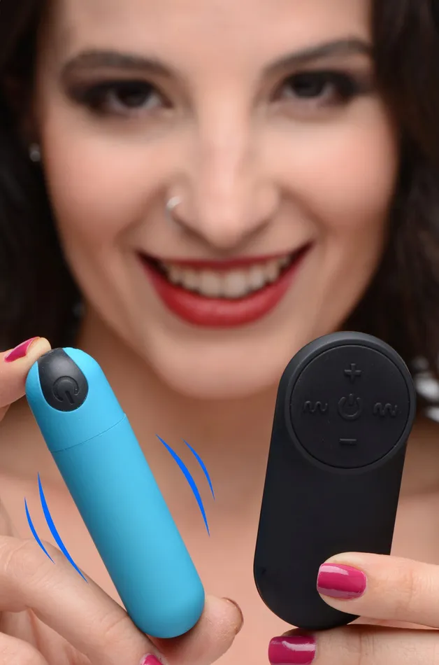 XR Brands Female Sex Toys Vibrating Bullet with Remote Control Blue